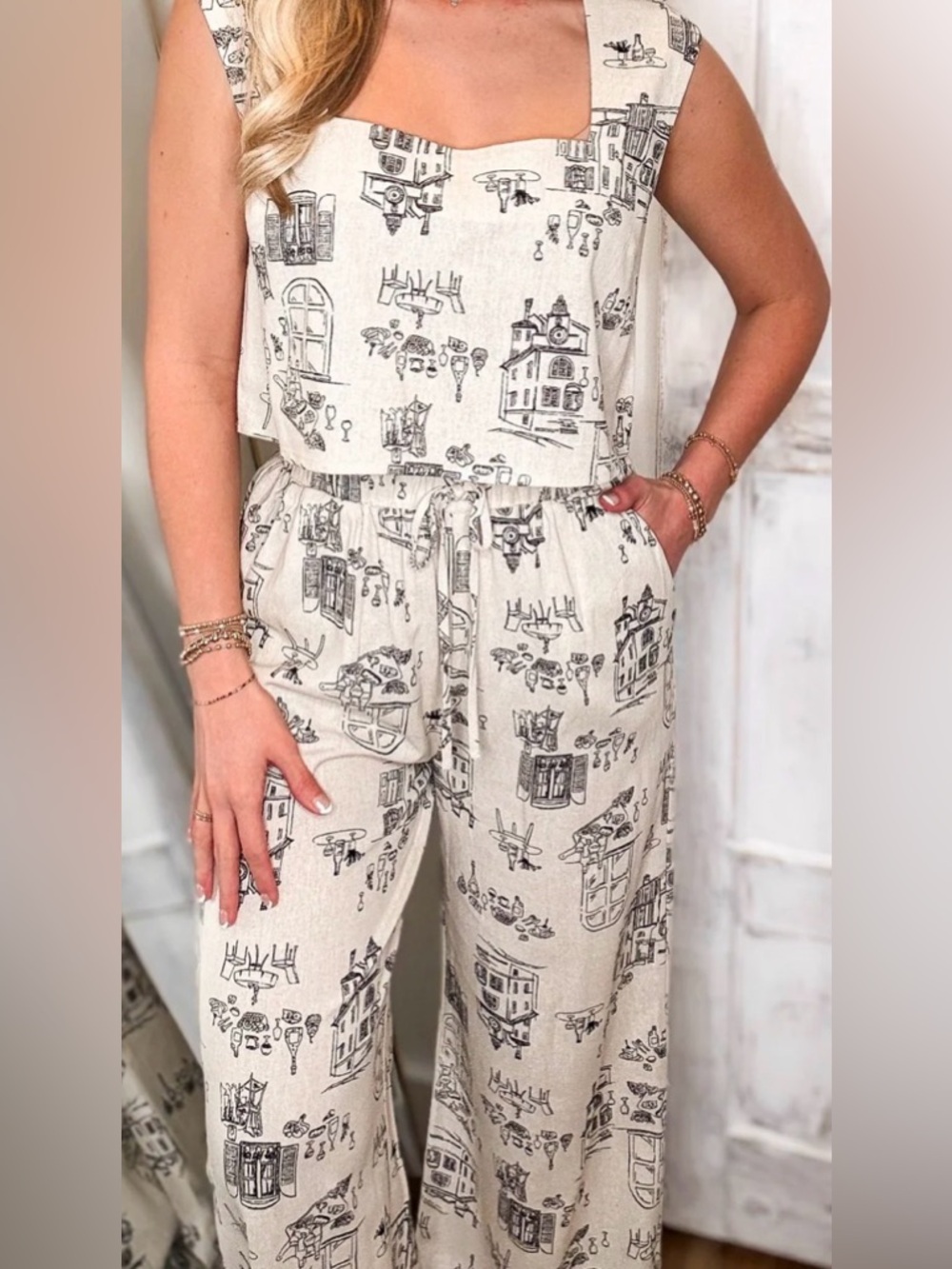Blu Pepper Cream Wide-Leg Jumpsuit with Black Architectural Print